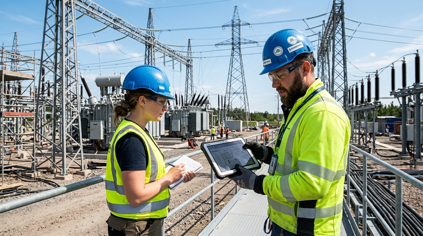 Electrical Engineers inspecting substation infrastructure